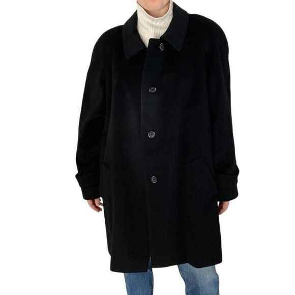 Vintage 1980s Marvin Richards 100% Cashmere Black Mid Length Trench Coat Sz L - Picture 1 of 11